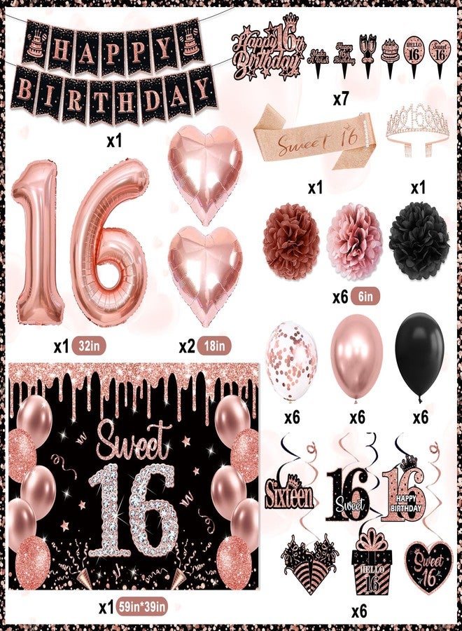 REDWORD Sweet 16 Party Decorations, Rose Gold 16th Birthday Decorations for Girls Including Sweet 16 Sash & Tiara Set HAPPY BIRTHDAY Banner Backdrop Hanging Garland Swirl Balloons Paper PomPoms Cake Toppers - Image 2
