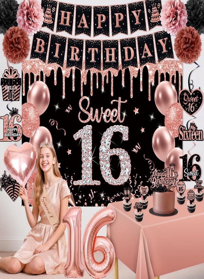 REDWORD Sweet 16 Party Decorations, Rose Gold 16th Birthday Decorations for Girls Including Sweet 16 Sash & Tiara Set HAPPY BIRTHDAY Banner Backdrop Hanging Garland Swirl Balloons Paper PomPoms Cake Toppers - Image 4