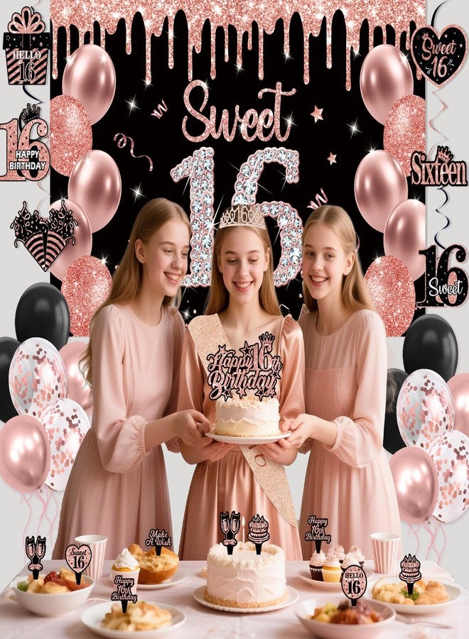 REDWORD Sweet 16 Party Decorations, Rose Gold 16th Birthday Decorations for Girls Including Sweet 16 Sash & Tiara Set HAPPY BIRTHDAY Banner Backdrop Hanging Garland Swirl Balloons Paper PomPoms Cake Toppers - Image 5