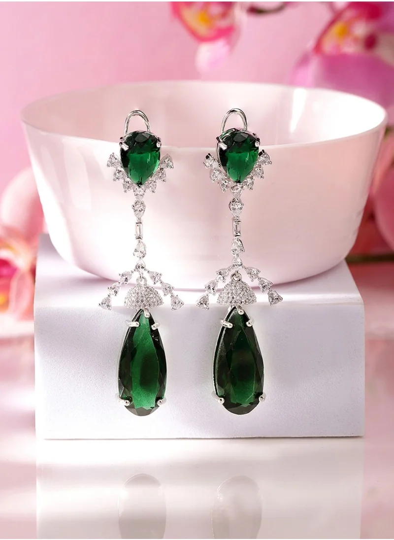 Priyaasi American Diamond Stone Studded Teardrop Shaped Drop Earrings