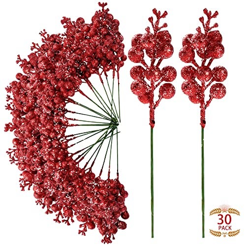 Sggvecsy 30Pcs Christmas Glitter Berries Stems Artificial Red Berry Branches Holly Picks Stems Christmas Tree Ornaments for DIY Xmas Wreath Crafts Gifts Holiday Home Decor Red