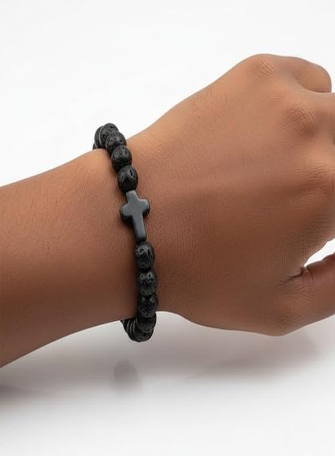 FORUBUS 2Pcs Lava Rock Stone Beaded Bracelet, Cross Charm Natural Volcanic Stone beads Turquoise Stretch Bracelet for Women Men Religion Jewelry Pray Baptism Gift (black lava) - Image 3