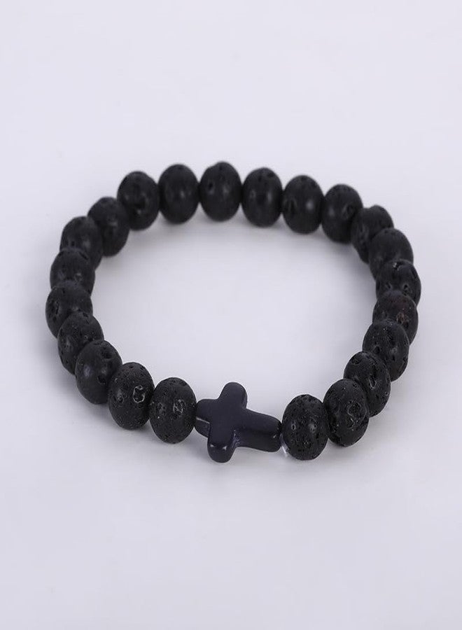 FORUBUS 2Pcs Lava Rock Stone Beaded Bracelet, Cross Charm Natural Volcanic Stone beads Turquoise Stretch Bracelet for Women Men Religion Jewelry Pray Baptism Gift (black lava) - Image 5