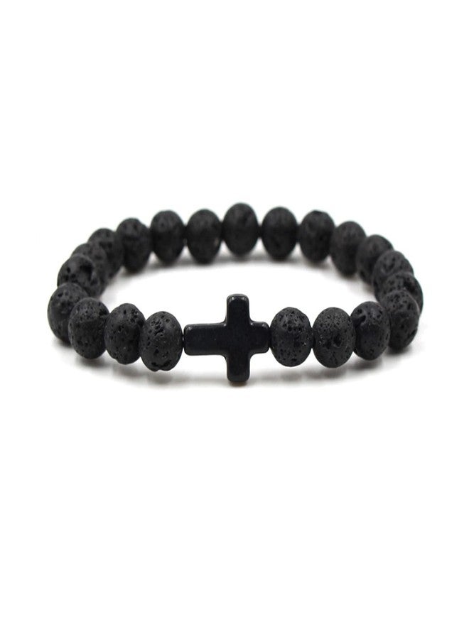 FORUBUS 2Pcs Lava Rock Stone Beaded Bracelet, Cross Charm Natural Volcanic Stone beads Turquoise Stretch Bracelet for Women Men Religion Jewelry Pray Baptism Gift (black lava) - Image 2