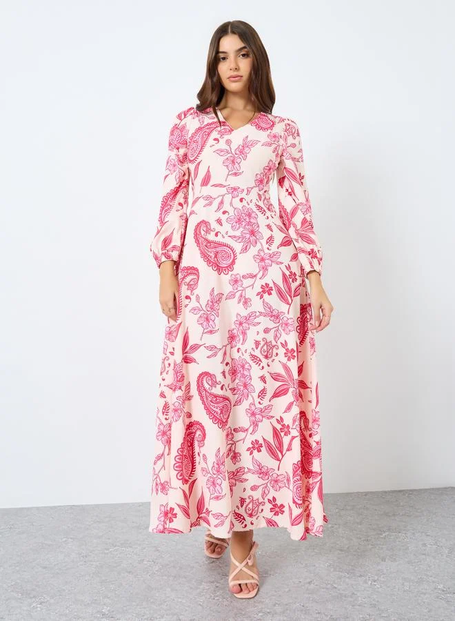 Styli Styli All-Over Print Balloon Sleeves A-Line Maxi Dress