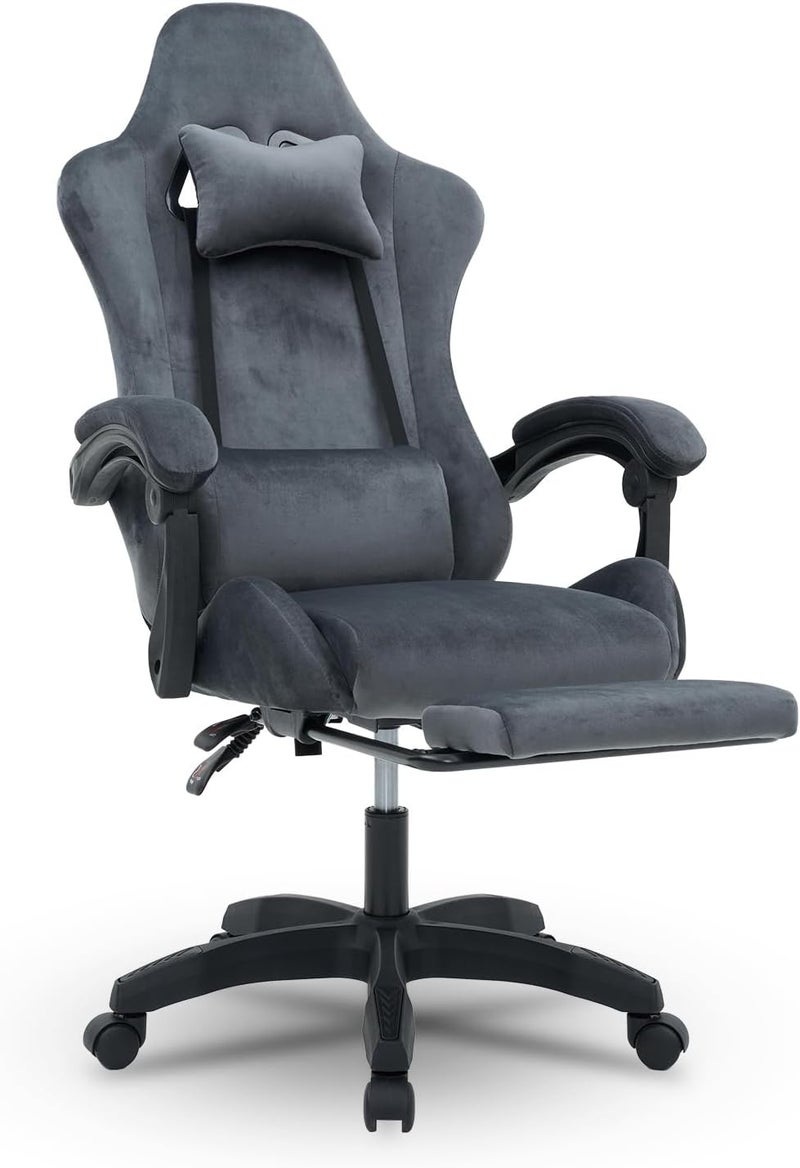 Computer Chair With Footrest, Ergonomic Office Gaming Chair, Height Adjustable And Lumbar Support Game Chair, Comfortable Fabric 360° Swivel Chair For Adults, Gray - Image 1