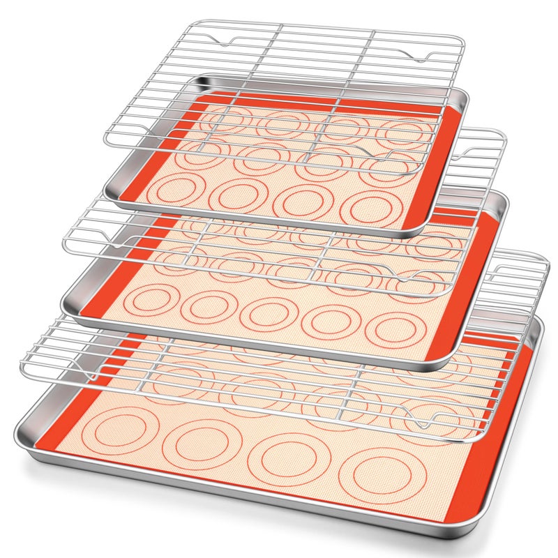 TeamFar Stainless Steel Baking Sheet with Rack Set, 10.5/12.5/16 Inch Baking Pan with Wire Rack & Silicone Baking Mat for Oven Baking, Cookies Sheets Set of 9 (3 Sheets + 3 Racks + 3 Mats), Easy Clean - Image 1