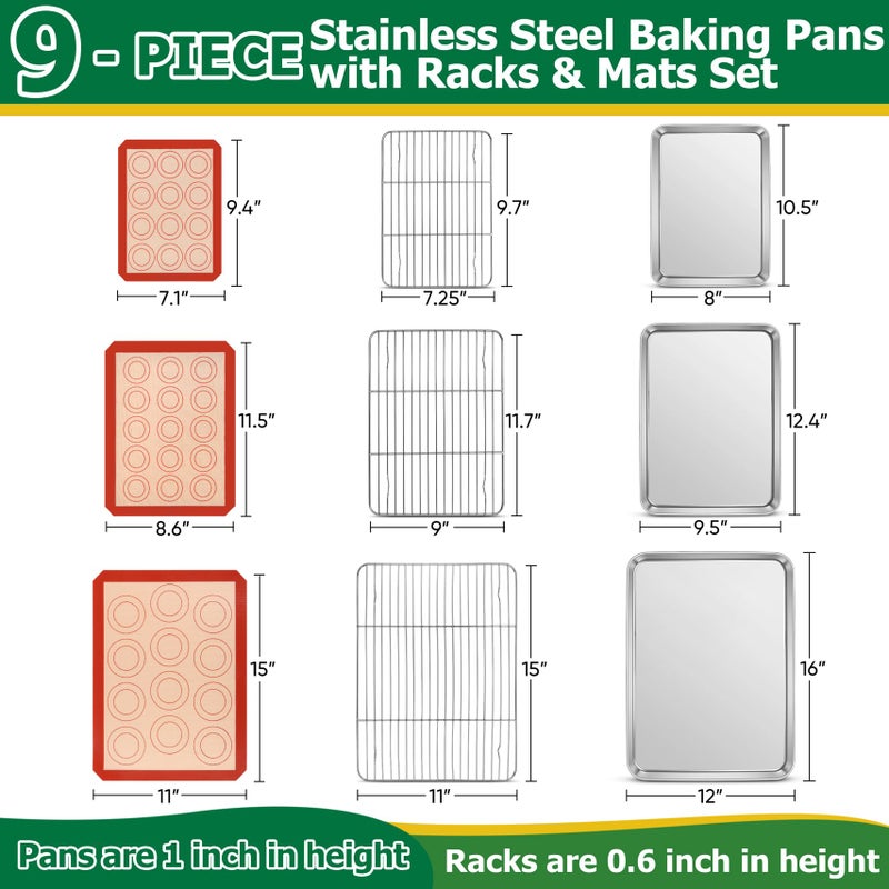 TeamFar Stainless Steel Baking Sheet with Rack Set, 10.5/12.5/16 Inch Baking Pan with Wire Rack & Silicone Baking Mat for Oven Baking, Cookies Sheets Set of 9 (3 Sheets + 3 Racks + 3 Mats), Easy Clean - Image 2