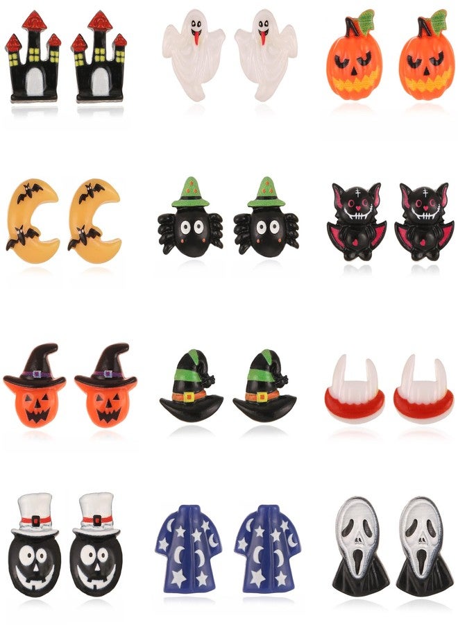 Spiritlele 12 Pairs Halloween Magnetic Earrings Set Resin Clip on Non Piercing Fake Earrings for Unisex Party - Image 1