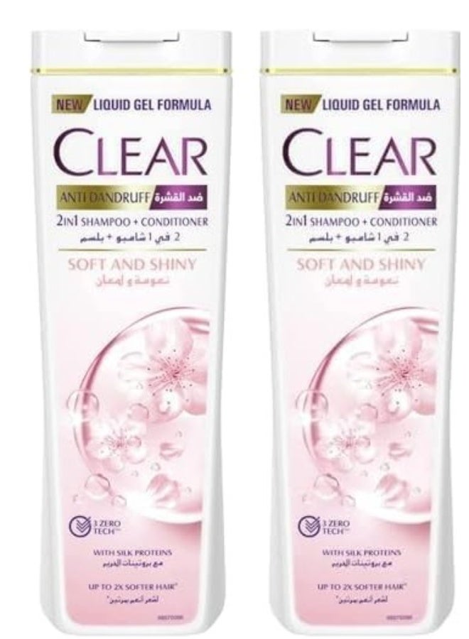 CLEAR 2in1 Shampoo & conditioner for women, anti dandruff shampoo, Soft & Shiny, for 3x** softer & shinier hair, 400ml (Pack of 2) - Image 1