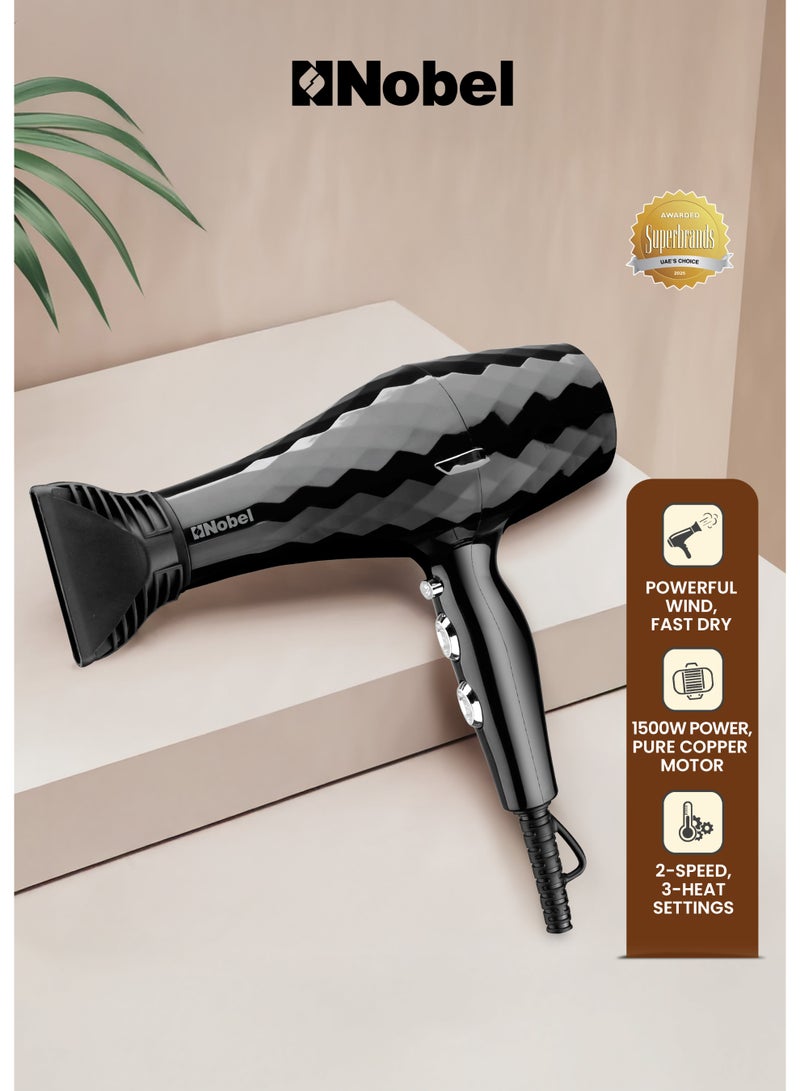 Nobel مجفف شعر نوبل 1500 واط مع محرك تيار مستمر نحاسي نقي جفاف سريع، حماية من السخونة الزائدة، زر بارد، سرعتين، 3 إعدادات حرارة NHD850 - Image 1