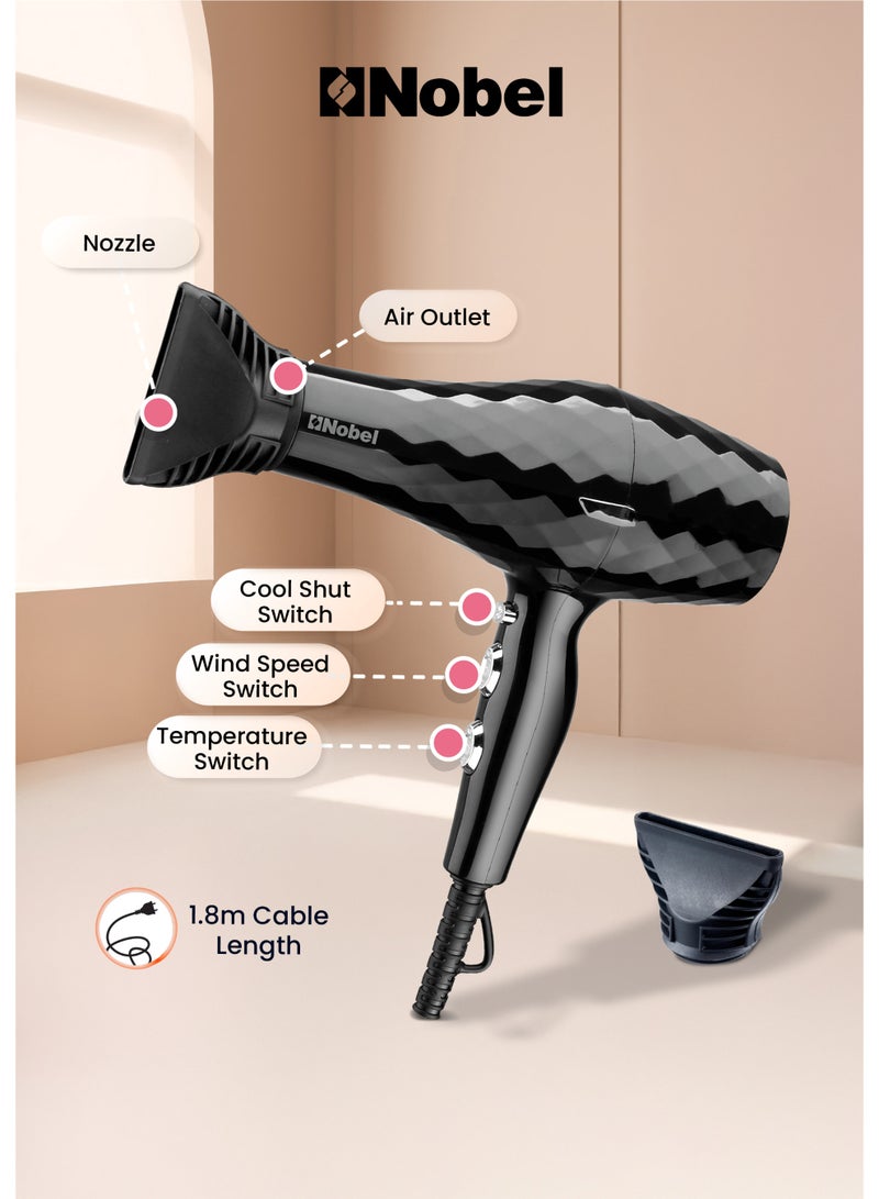 Nobel مجفف شعر نوبل 1500 واط مع محرك تيار مستمر نحاسي نقي جفاف سريع، حماية من السخونة الزائدة، زر بارد، سرعتين، 3 إعدادات حرارة NHD850 - Image 3