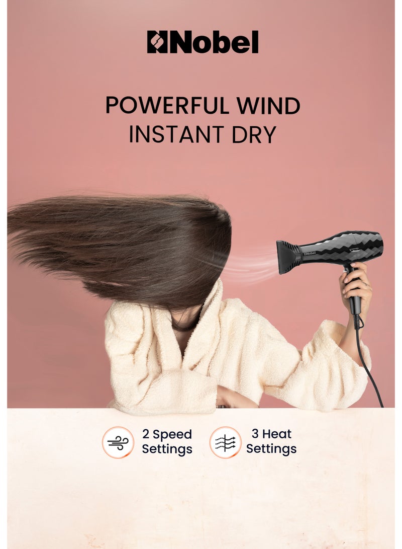 Nobel مجفف شعر نوبل 1500 واط مع محرك تيار مستمر نحاسي نقي جفاف سريع، حماية من السخونة الزائدة، زر بارد، سرعتين، 3 إعدادات حرارة NHD850 - Image 5