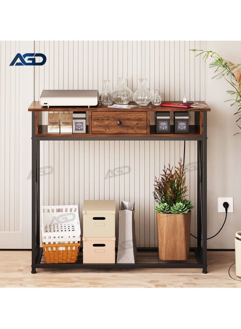 إيه جي دي طاولة كونسول للمدخل مع خزانة، طاولة مميزة لغرفة المعيشة وغرفة النوم 100×30×90 سم مع قاعدة شحن، طاولة قهوة عصرية مع رف تخزين وأدراج ومخرج طاقة، بني - Image 3