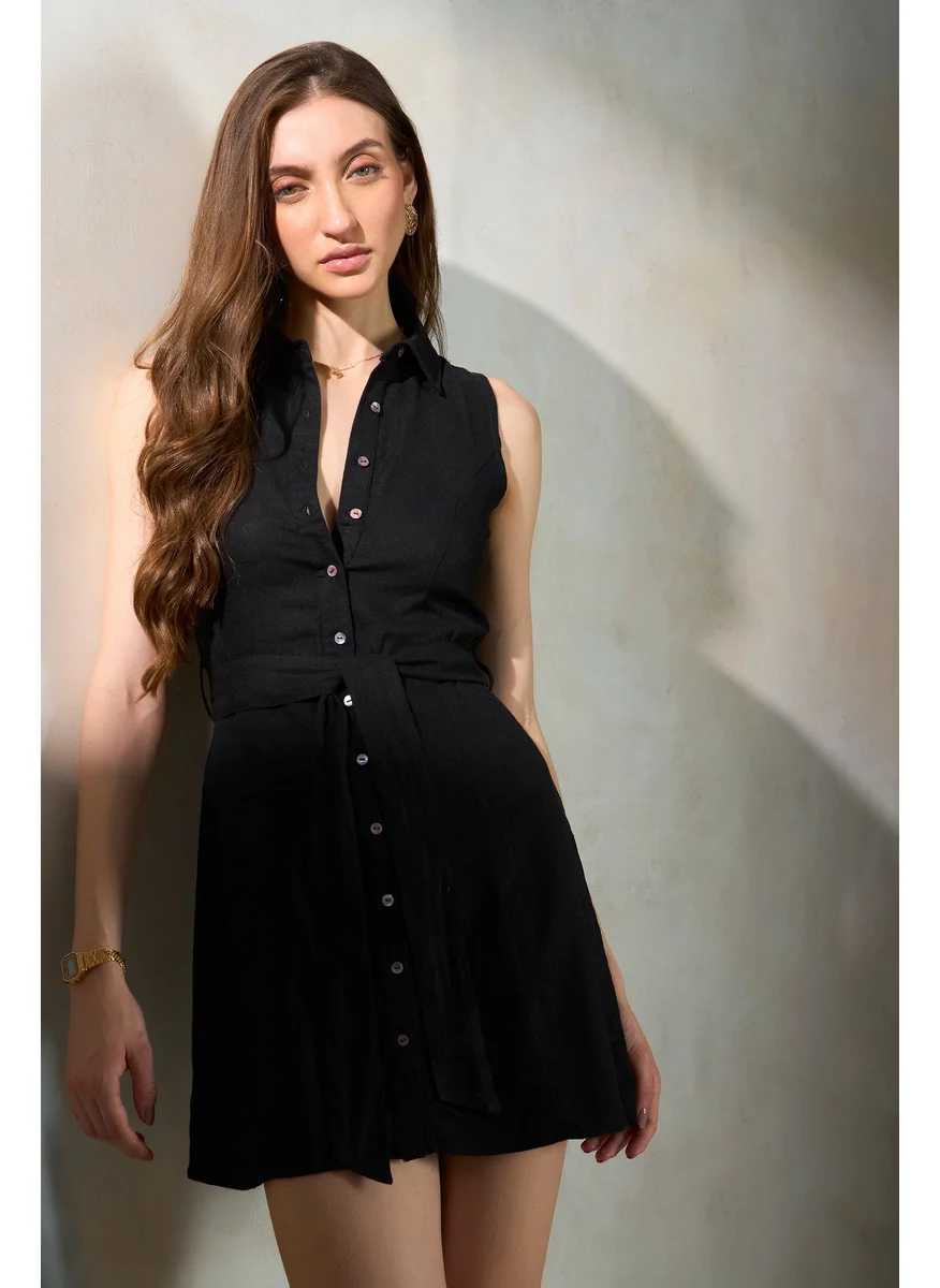 Virgio Virgio Viba Sleeveless Belted Linen Shirt Dress With Pockets