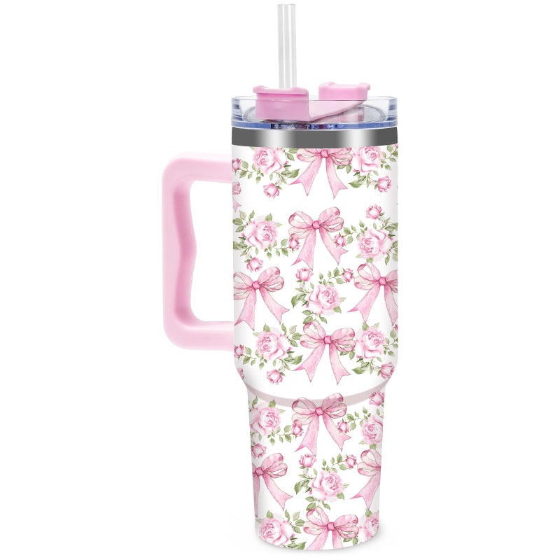 FYSUIMU 40Oz Bow Floral Tumbler with Straw Lid Pink Bowknot Flower Travel Coffee Tumbler Cup with Handle for Spring Party Favor Supplies