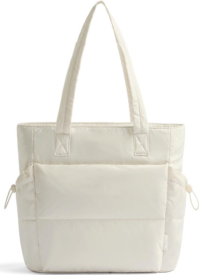 Uselike Tote Bag for Women, Lightweight Puffer Tote Work Bags with Zipper, Off-white, Medium - Image 1