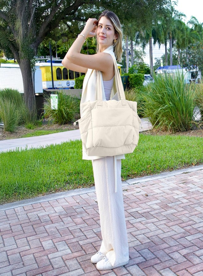 Uselike Tote Bag for Women, Lightweight Puffer Tote Work Bags with Zipper, Off-white, Medium - Image 2
