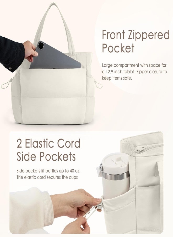 Uselike Tote Bag for Women, Lightweight Puffer Tote Work Bags with Zipper, Off-white, Medium - Image 5