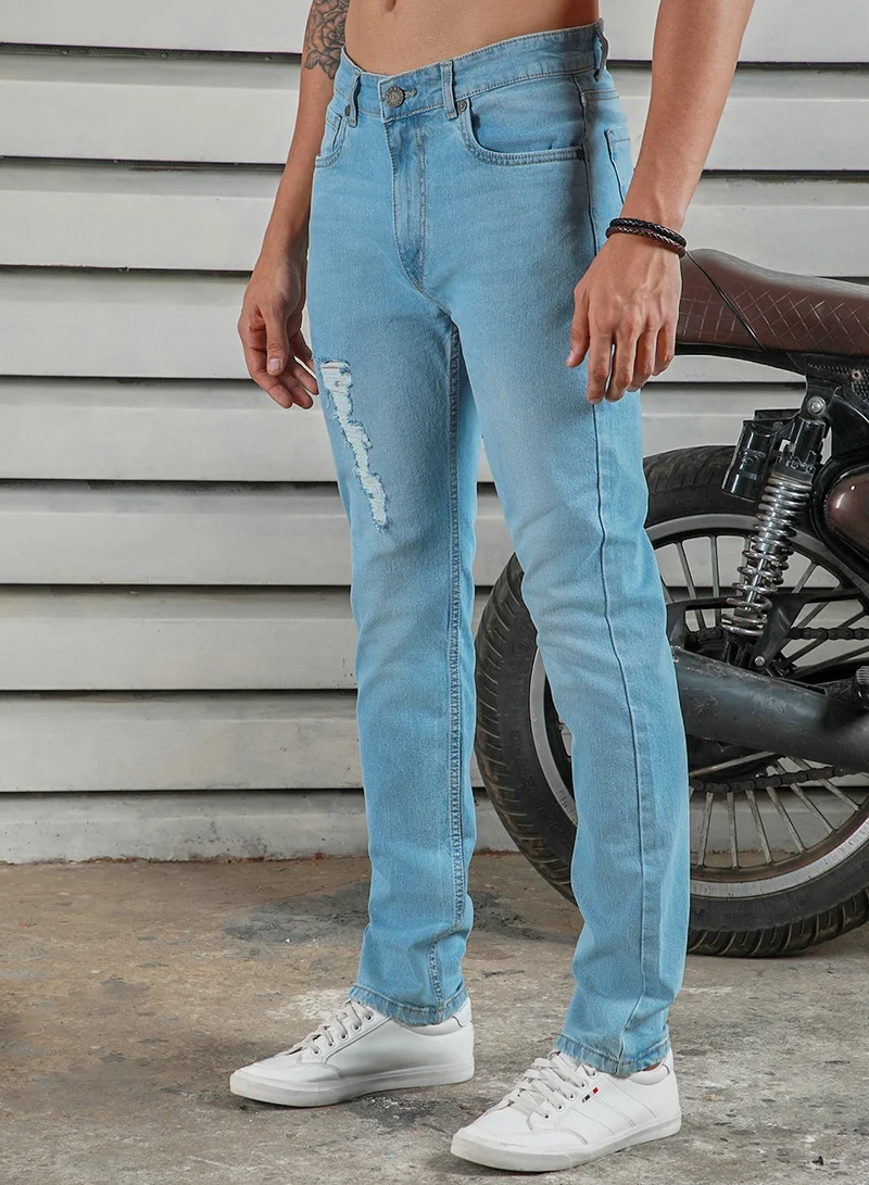 HIGH STAR Men's Indigo 100% Cotton Bleached Full Length Tapered Fit Jeans