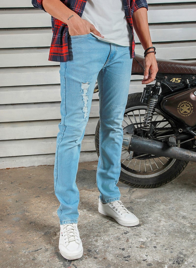 Men's Indigo 100% Cotton Bleached Full Length Tapered Fit Jeans