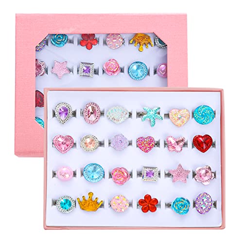 PASEMM 24pcs Little Girl Jewel Rings, Adjustable, No Duplication Kids Play Ring in Box,Pretend Play and Dress Up Rings for 4-12 Year Old Girl Birthday Christmas Gifts,3 4 5 6 7 8 9 10 11 12 Year Old - Image 1