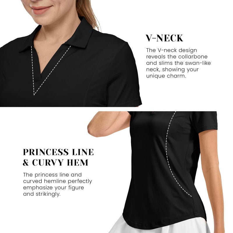 Rdruko Women's Golf Shirts Short Sleeve Dry Fit Polo Tennis V Neck Collared Athletic Shirts, Black, XL - Image 5