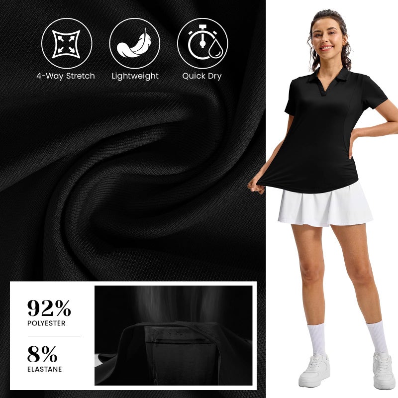 Rdruko Women's Golf Shirts Short Sleeve Dry Fit Polo Tennis V Neck Collared Athletic Shirts, Black, XL - Image 4