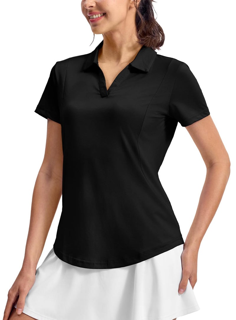 Rdruko Women's Golf Shirts Short Sleeve Dry Fit Polo Tennis V Neck Collared Athletic Shirts, Black, XL - Image 2