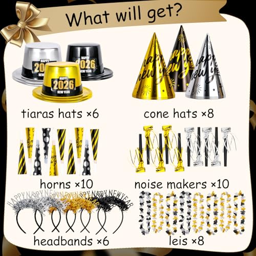 Atonofun 2026 New Years Eve Party Supplies for 20 Guests 48 Pcs New Year Eve Party Hats and Horns Headband Tattoos Blowouts Leis 2026 New Year Party Favors - Image 5