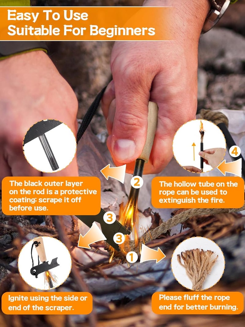 Acostop Fire Starter Survival Tool, Fire Starter Kit Includes Magnesium Rod, Steel Striker, 2 Pcs Wick Hemp Rope and Multifunctional Outdoor Bag, Fire Starters for Campfires Hiking Survival Training Gift - Image 5
