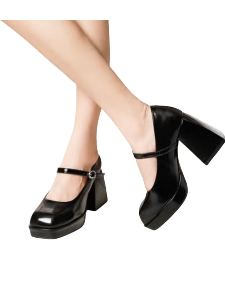 Shougu Thick Single Character Shoes With Floral Buttons 7CM 