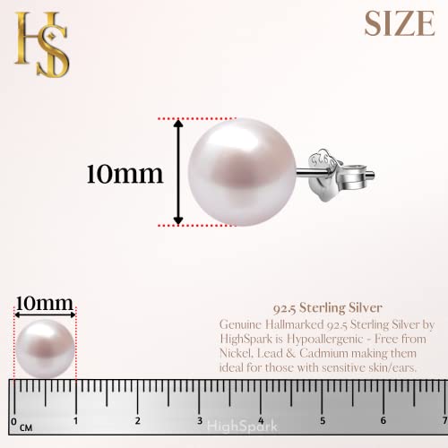 HIGHSPARK 925 Silver Classic Pearl Earrings for Women | 92.5 Sterling Silver & Brilliant Lustre Pearls | Lovely Gift for Women - Pearl Pink 10mm - Image 2