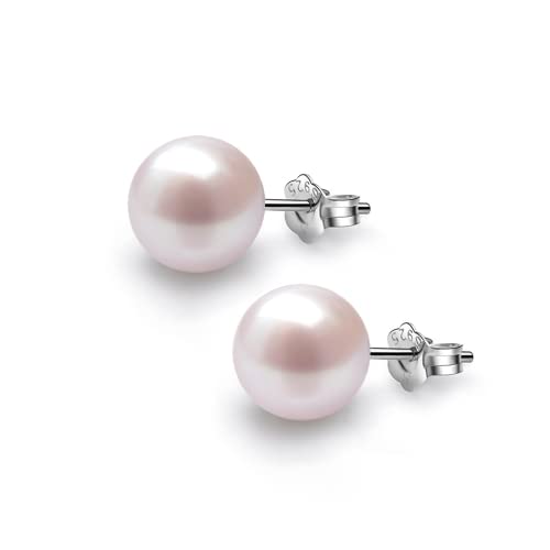 HIGHSPARK 925 Silver Classic Pearl Earrings for Women | 92.5 Sterling Silver & Brilliant Lustre Pearls | Lovely Gift for Women - Pearl Pink 10mm - Image 1