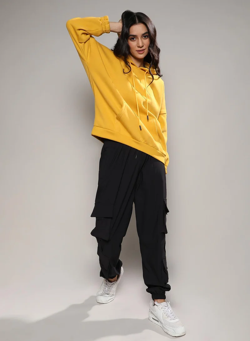 Campus Sutra Women's Mustard Yellow Oversized Basic Hoodie With Kangaroo Pocket