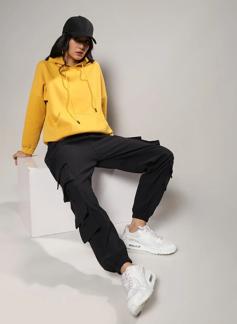 Campus Sutra Women's Mustard Yellow Oversized Basic Hoodie With Kangaroo Pocket