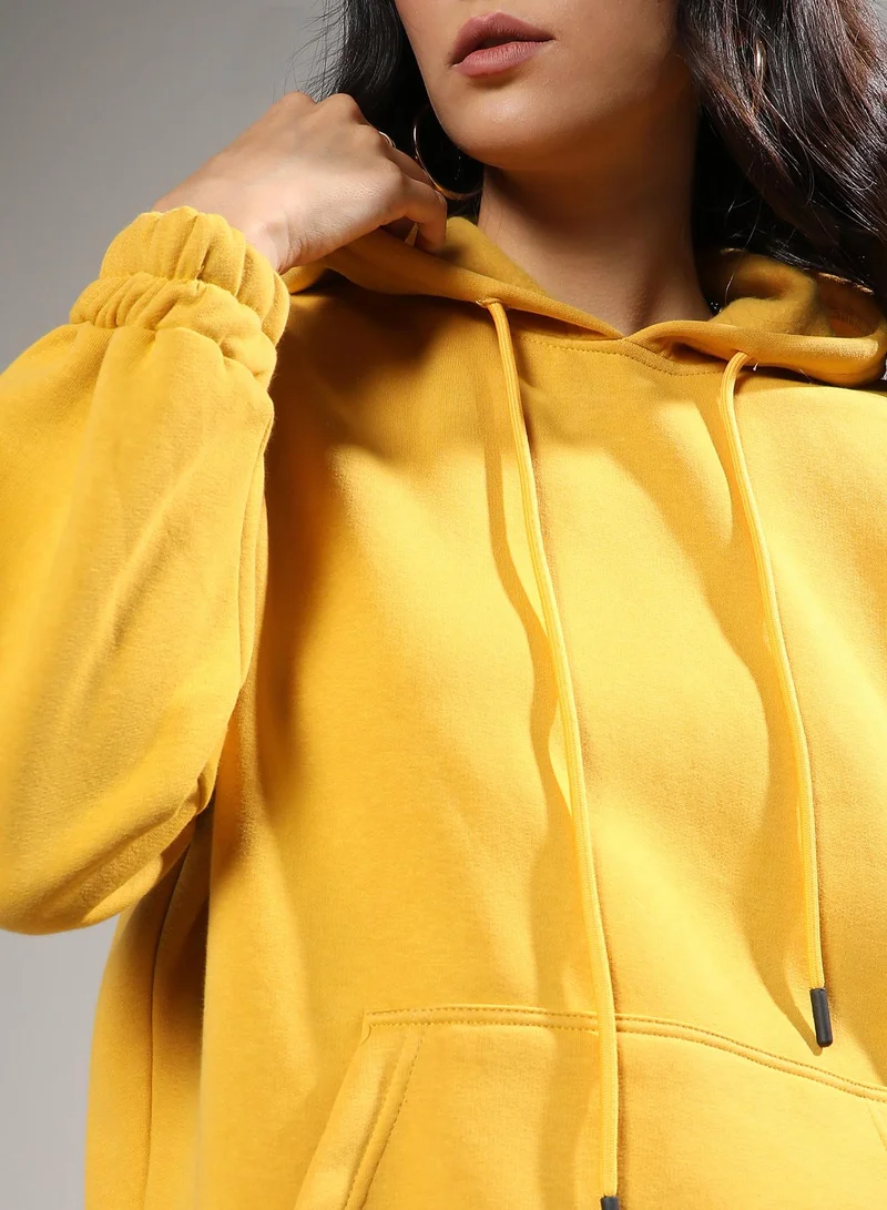Campus Sutra Women's Mustard Yellow Oversized Basic Hoodie With Kangaroo Pocket