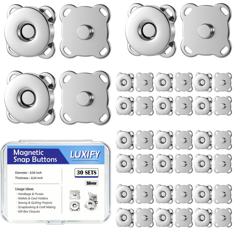 LUXIFY 30 Sets Magnetic Snap Buttons, 0.55 Inch 14mm Strong Fasteners for Purses, Bags, Clothing, Sewing DIY Crafts, Zinc Alloy Invisible Clasps (Silver) - Image 1