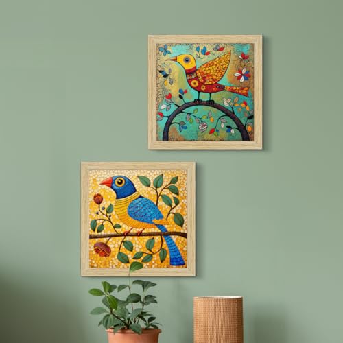 ArtX Paper Birds Painting Vastu, Madhubani Wall Painting for Living Room, Multicolor, Natural Wood Color Frames, Set of 4 - Image 3
