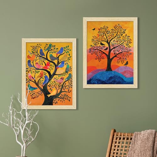 ArtX Paper Birds Painting Vastu, Madhubani Wall Painting for Living Room, Multicolor, Natural Wood Color Frames, Set of 4 - Image 2