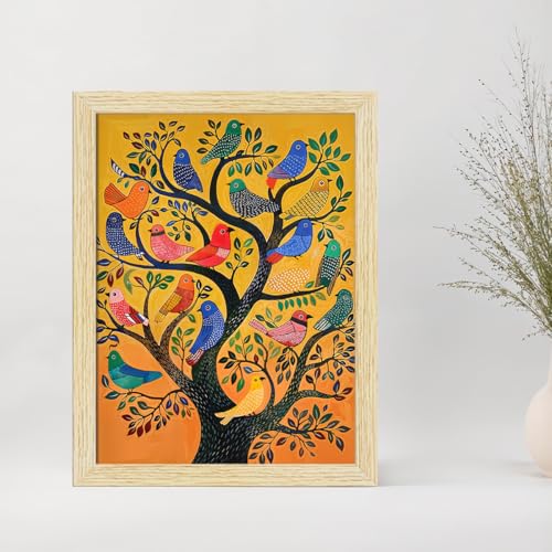 ArtX Paper Birds Painting Vastu, Madhubani Wall Painting for Living Room, Multicolor, Natural Wood Color Frames, Set of 4 - Image 4