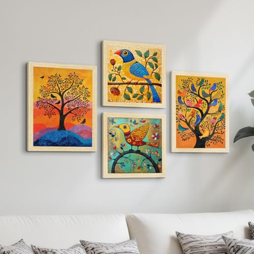 ArtX Paper Birds Painting Vastu, Madhubani Wall Painting for Living Room, Multicolor, Natural Wood Color Frames, Set of 4 - Image 1