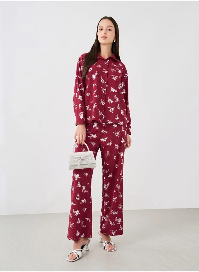 تايك تو Take Two Floral Printed Long Sleeve Shirt and Pants Co-Ords