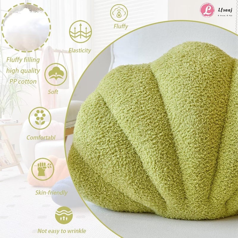 Lfsaaj Green Seashell Throw Pillows, Shell Shaped Throw Pillows, 13 Inch Soft Home Decorative Pillow Plush Cushion for Bed Couch Living Sofa Room Decor Accent Throw Pillow - Image 2