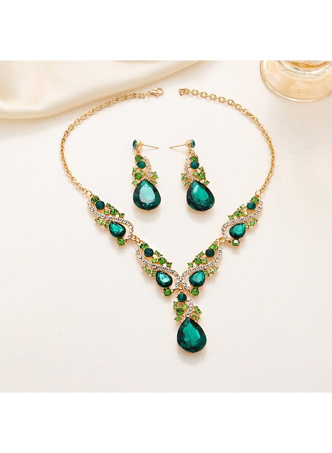 Beyond 2Pcs Rhinestone Jewelry Set, Wedding Jewelry Sets for Brides, Shinning Necklace Zircon Earrings Pendant Dress Accessory (Green) - Image 1