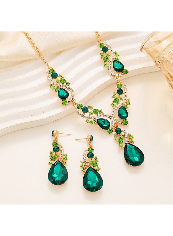Beyond 2Pcs Rhinestone Jewelry Set, Wedding Jewelry Sets for Brides, Shinning Necklace Zircon Earrings Pendant Dress Accessory (Green) - Image 4