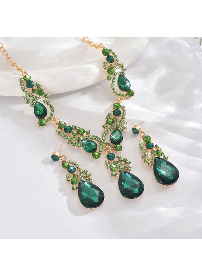 Beyond 2Pcs Rhinestone Jewelry Set, Wedding Jewelry Sets for Brides, Shinning Necklace Zircon Earrings Pendant Dress Accessory (Green) - Image 3