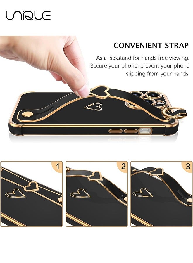يونيك متوافق مع غطاء iPhone 15 Pro Max ، مسند حزام المعصم القابل للتعديل ، مصد مطلي بالذهب الفاخر على شكل قلب لطيف ، غطاء غطاء واقي للنساء والفتيات والرجال ، أسود - Image 2