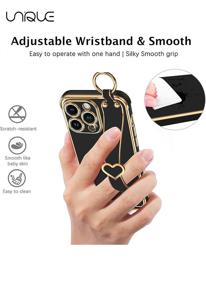 يونيك متوافق مع غطاء iPhone 15 Pro Max ، مسند حزام المعصم القابل للتعديل ، مصد مطلي بالذهب الفاخر على شكل قلب لطيف ، غطاء غطاء واقي للنساء والفتيات والرجال ، أسود - Image 3
