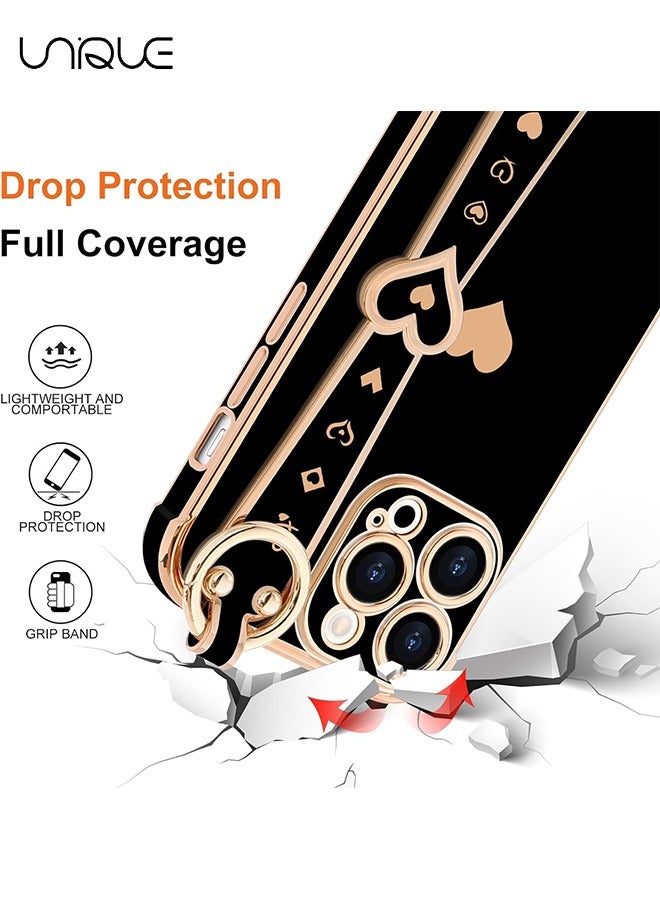 يونيك متوافق مع غطاء iPhone 15 Pro Max ، مسند حزام المعصم القابل للتعديل ، مصد مطلي بالذهب الفاخر على شكل قلب لطيف ، غطاء غطاء واقي للنساء والفتيات والرجال ، أسود - Image 4